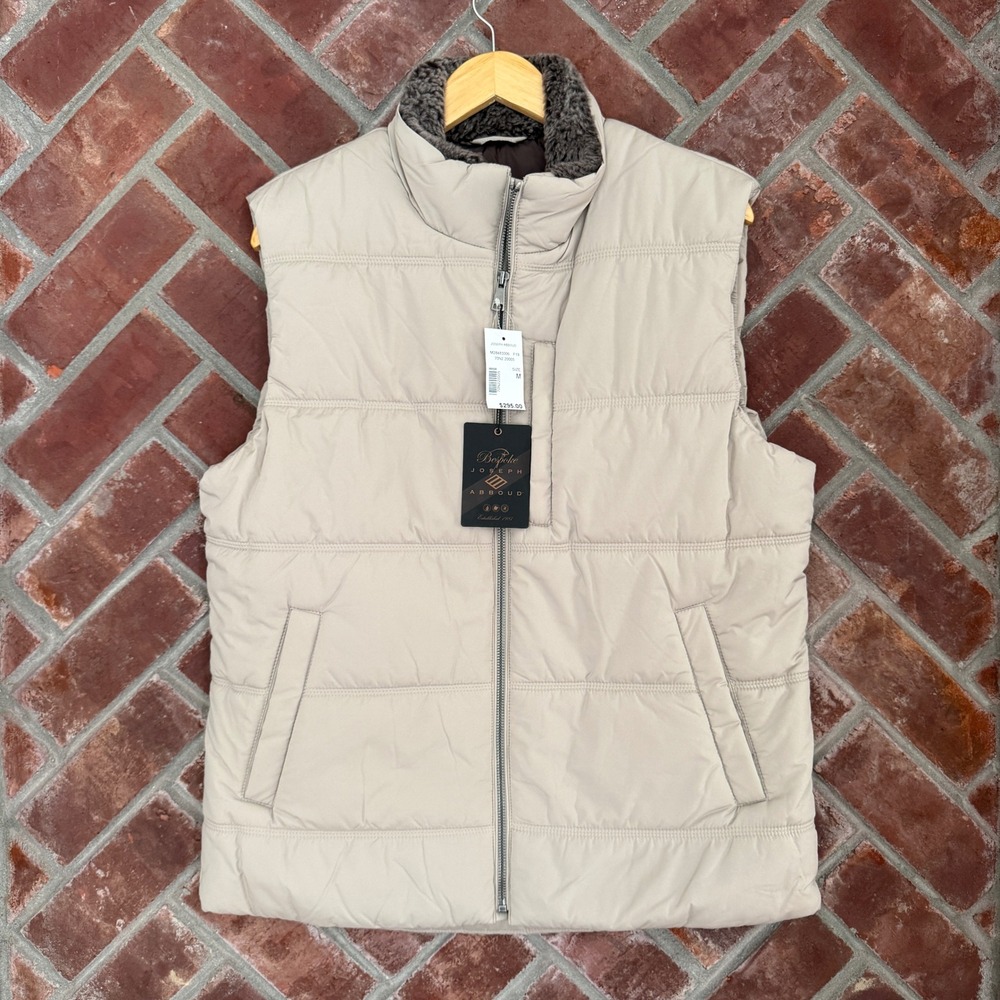 Joseph Abboud Puffer Vest Mens Size M Tan Faux Fur Collar Recycled Insulation